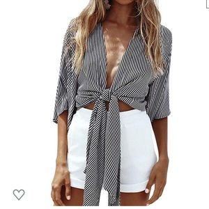 Striped deep V tie front Kimono